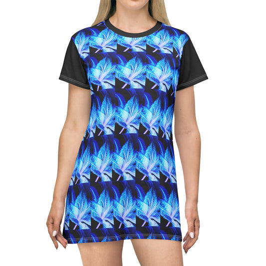 Blue  Abstract Flower T-Shirt Dress