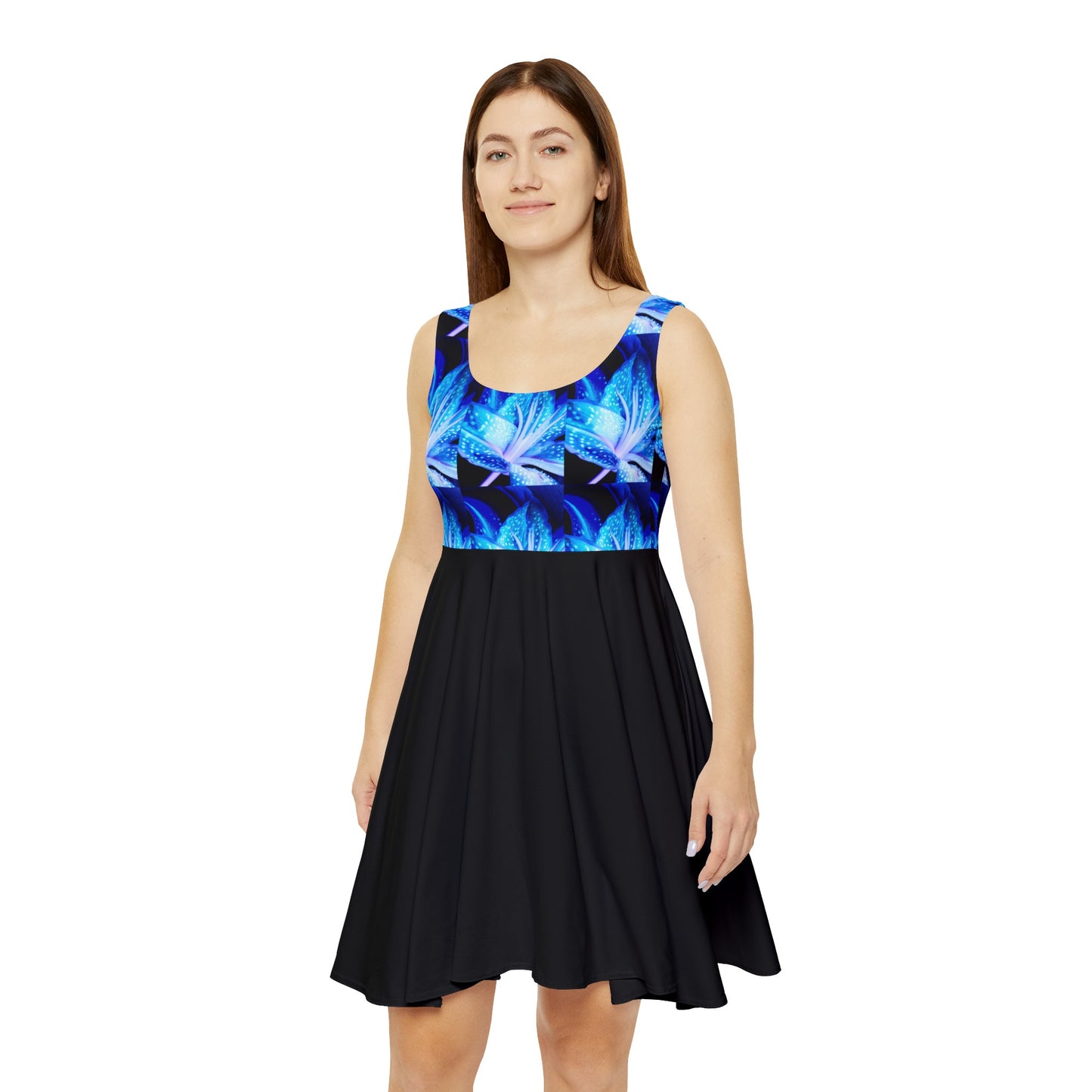 Blue Abstract Flower Women's Skater Dress (AOP)